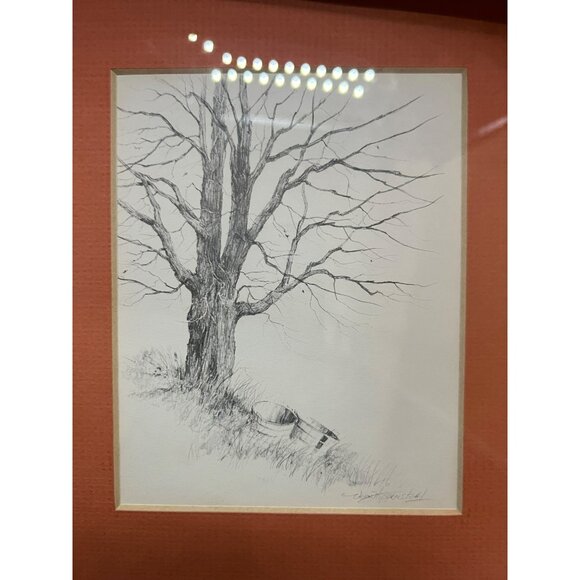 Artist Signed Original Graphite Landscape Vern Hippensteal Tree with Baskets Mat - Picture 7 of 13